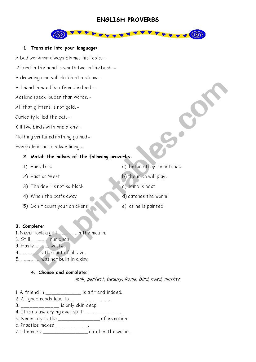 English proverbs worksheet