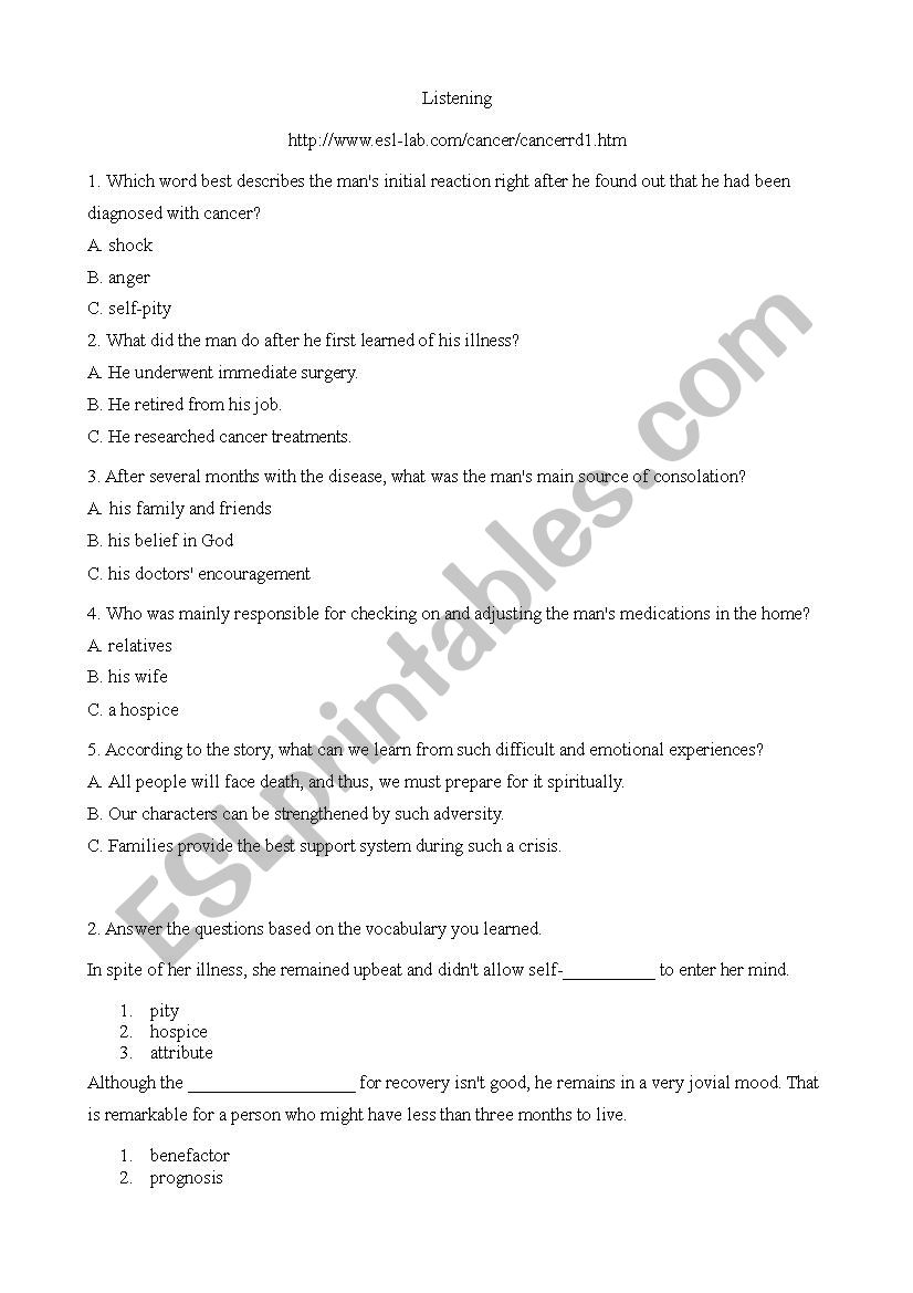 Cancer. Listening exercise worksheet