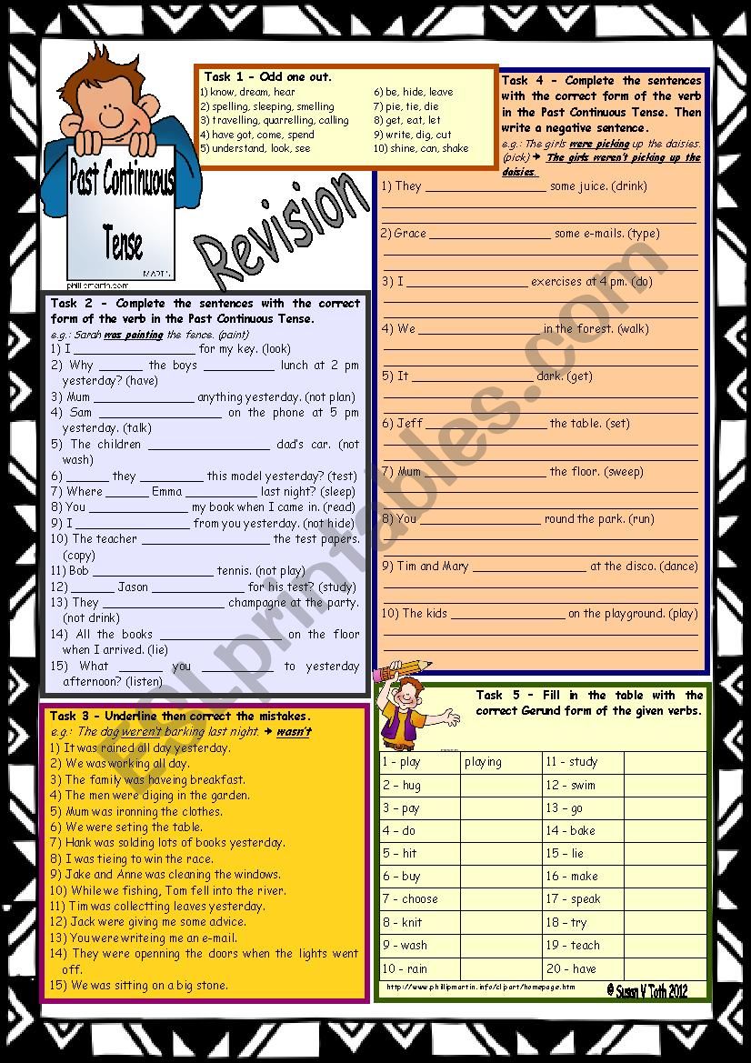 Past Continuous Tense Revision * 9 tasks * with key * upper-elementary