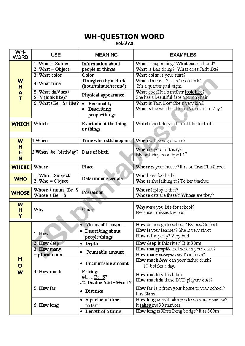 Use of Wh- questions worksheet