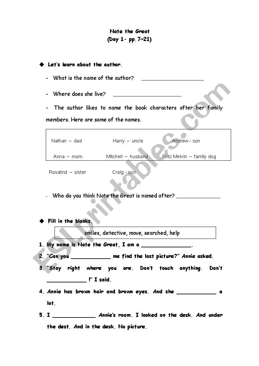 Nate the Great-1 of 4 worksheet
