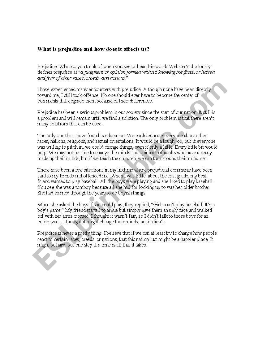 Prejudice worksheet