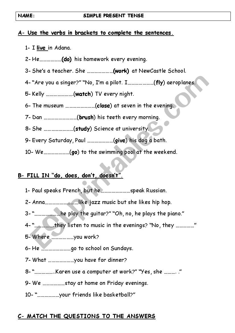 simple Present tense worksheet