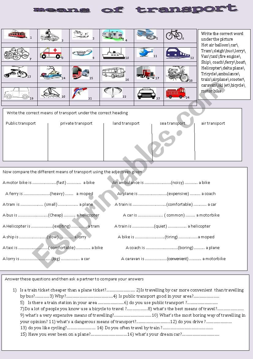 means of transport  worksheet