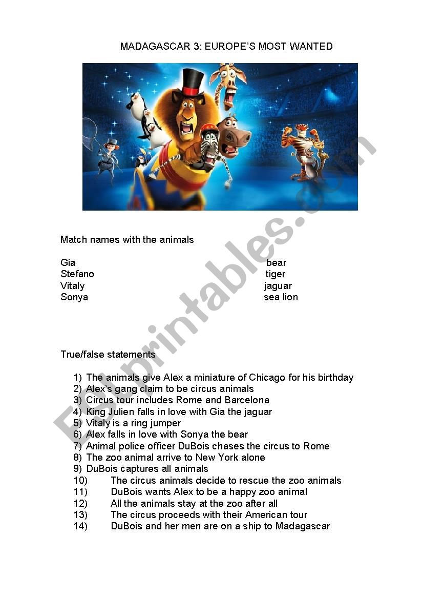 Madagascar 3 worksheet worksheet