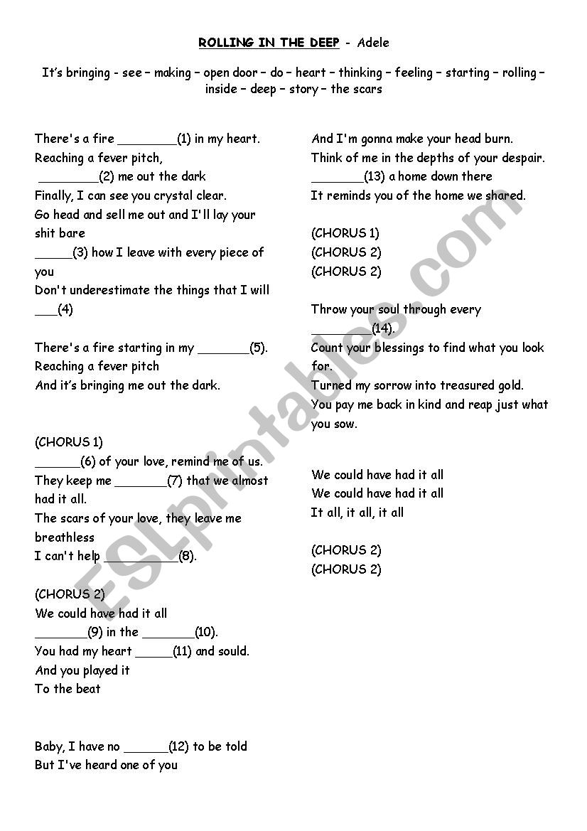 Rolling in the deep worksheet