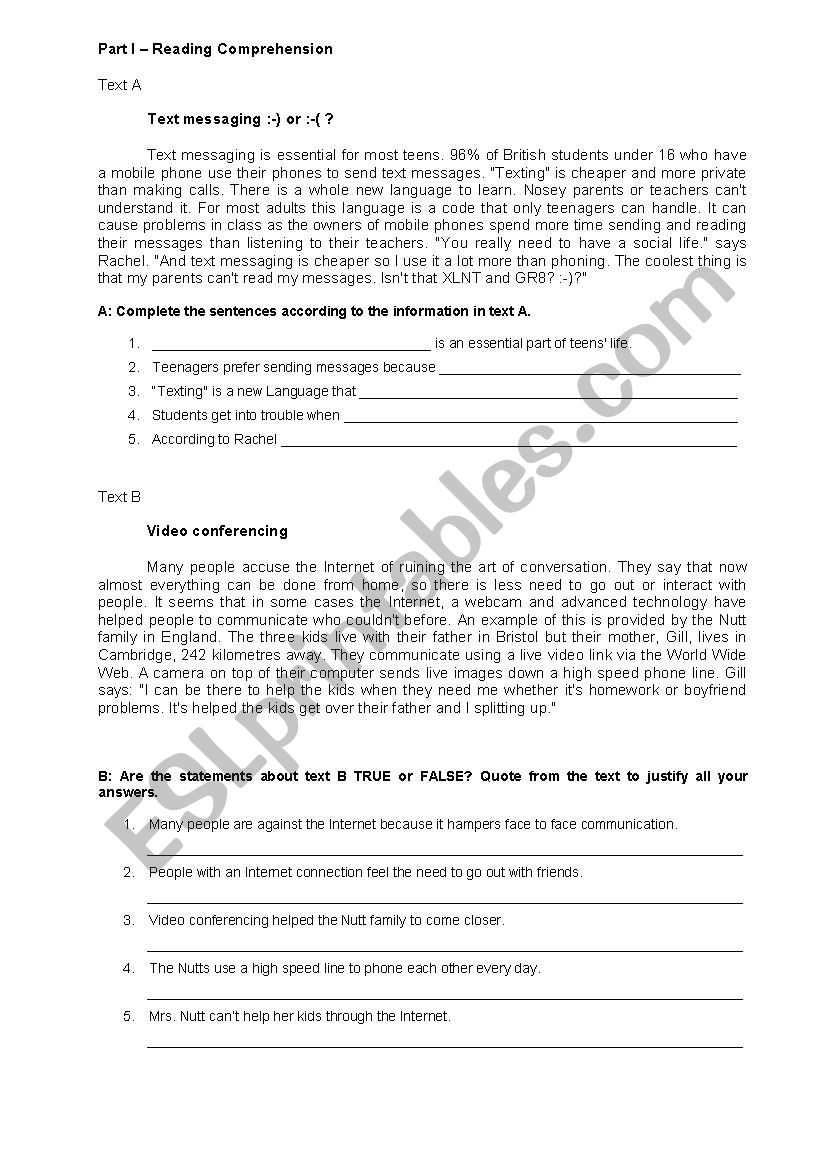 English written test worksheet