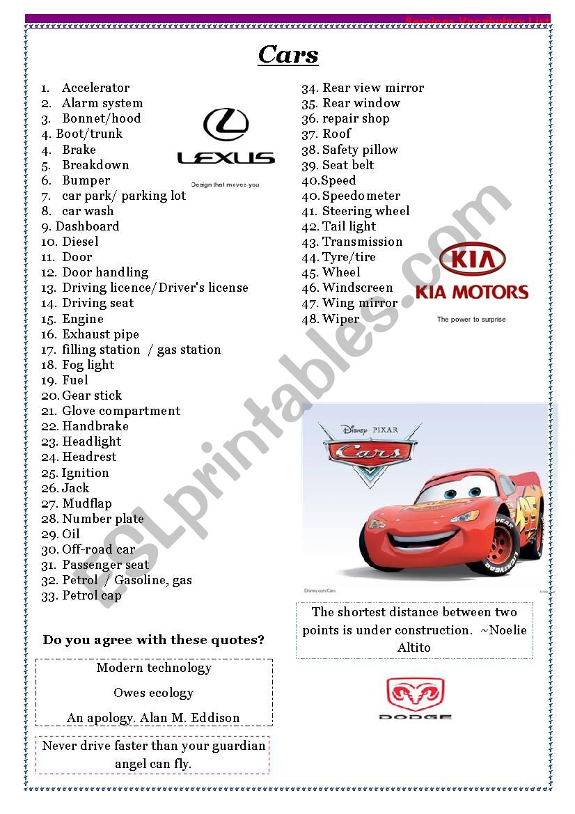 Vocabulary list.Cars worksheet
