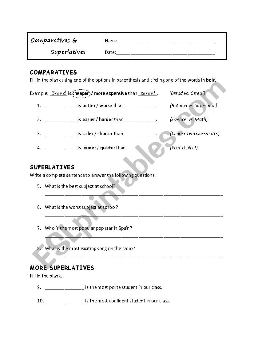 Comparatives and Superlatives Worksheet