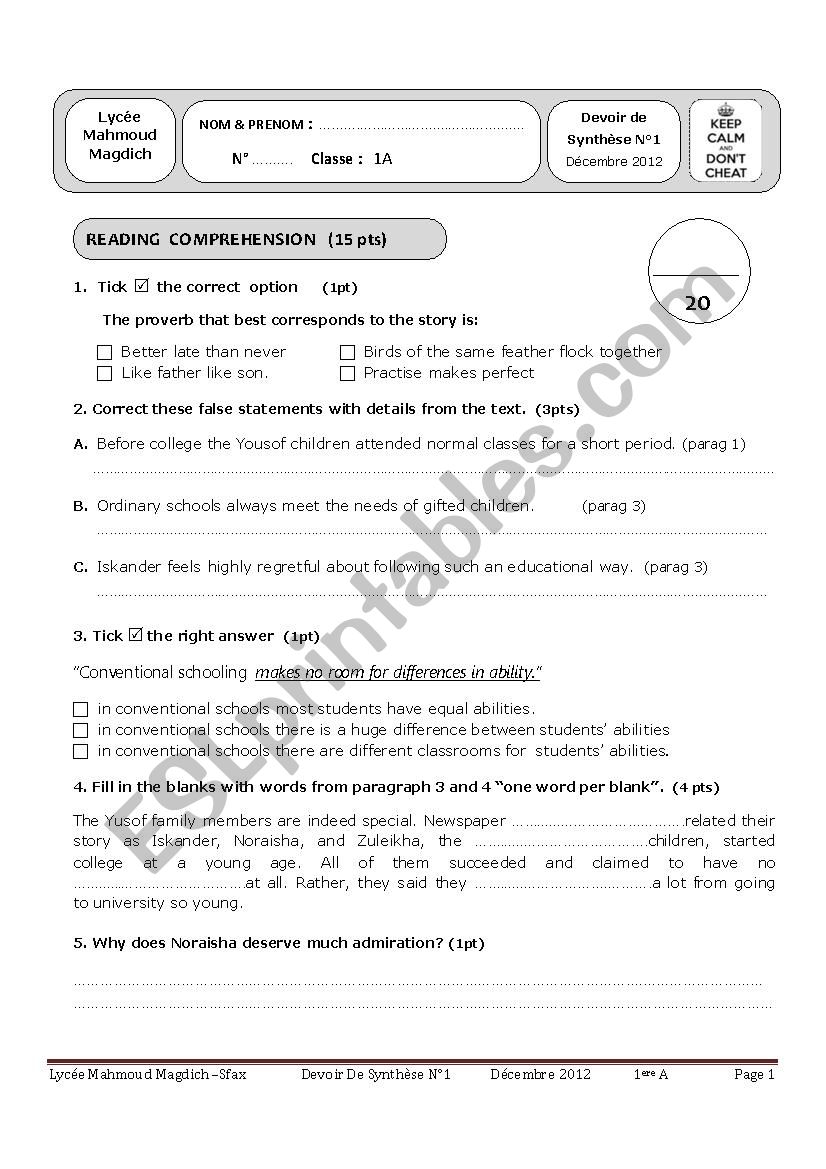 english test n1 first form  tunisian school