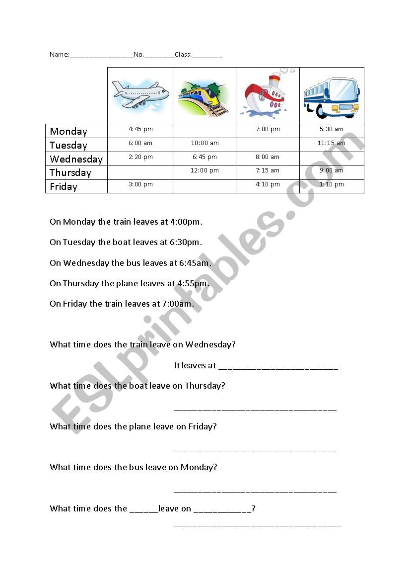 Transport Schedule worksheet