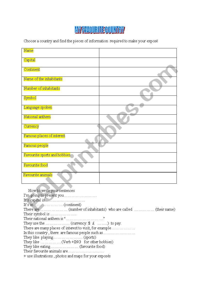 my favourite country worksheet