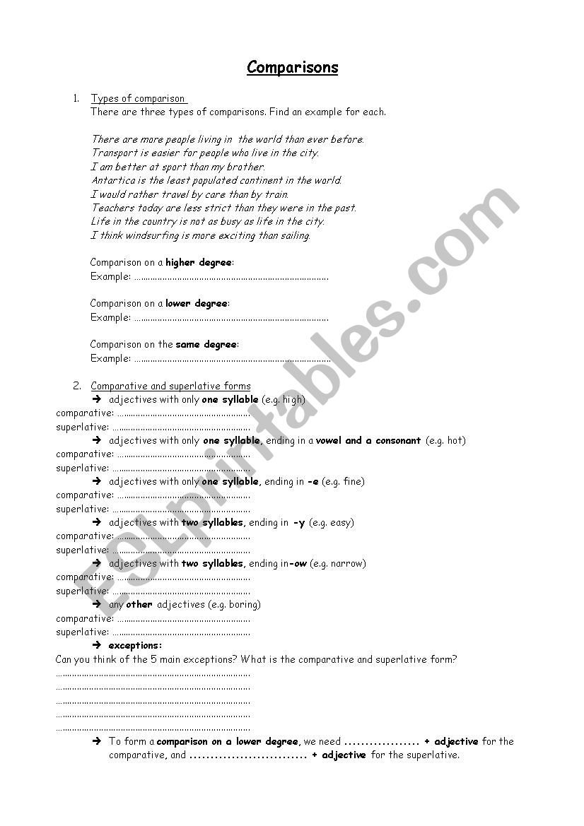 Comparison Revision worksheet