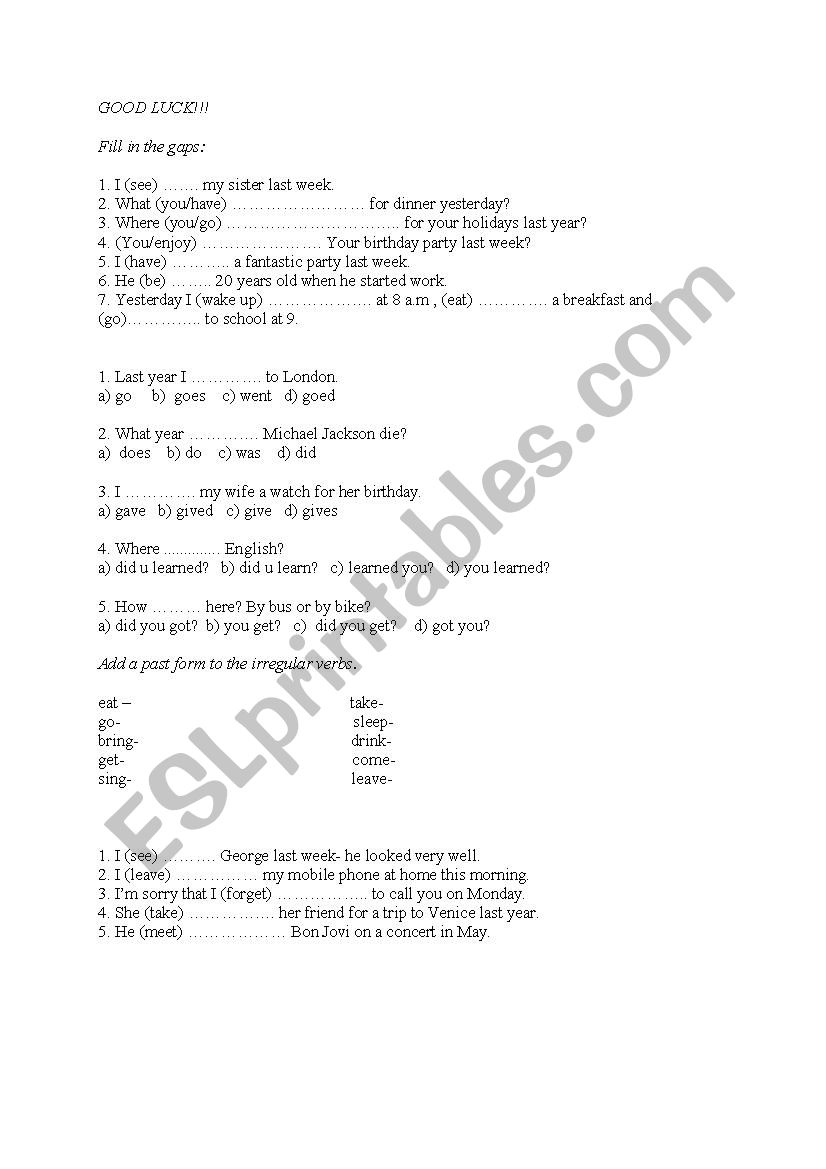 Past Simple grammar worksheet