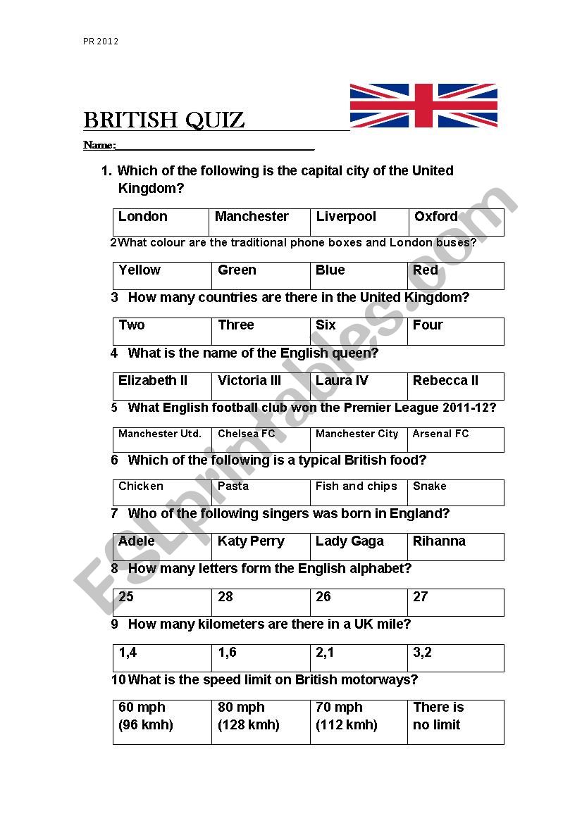 British Quiz worksheet