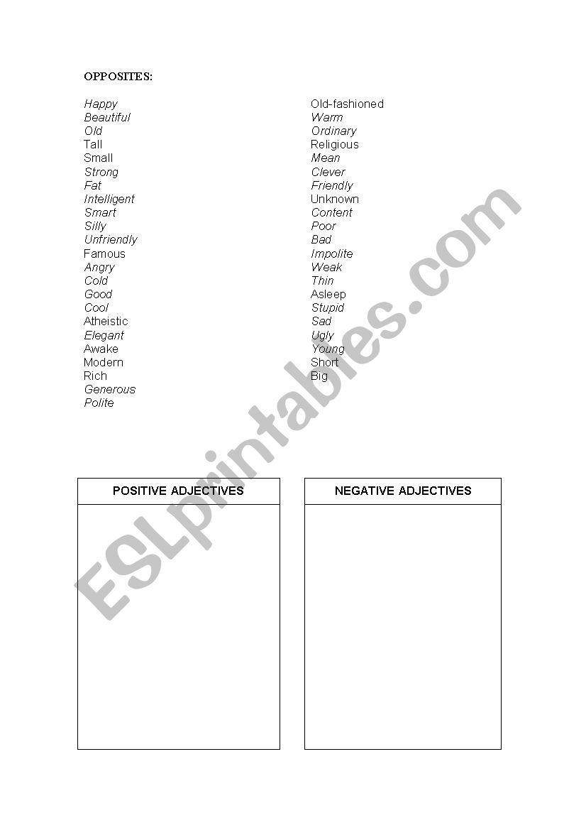 Opposites worksheet