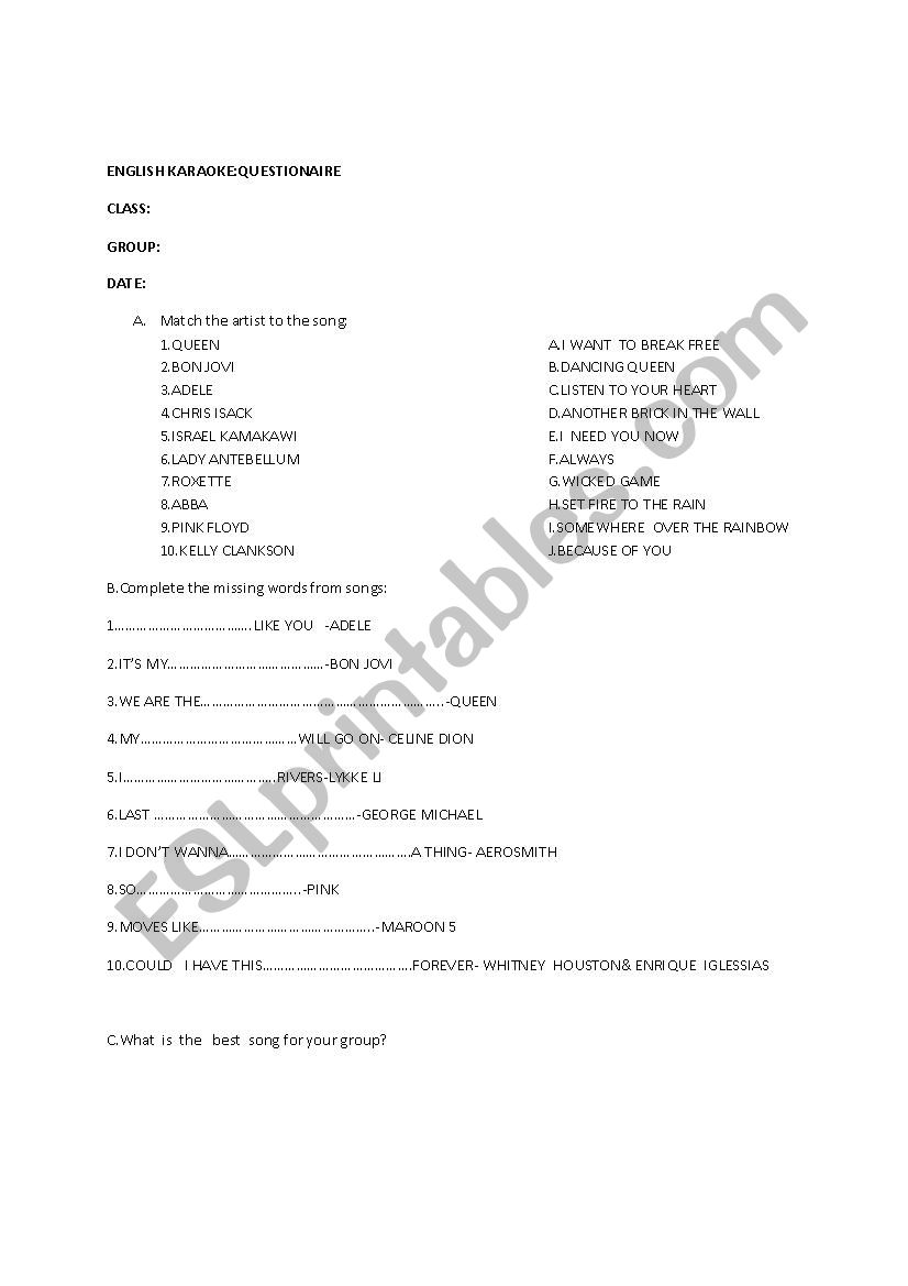 english karaoke quiz worksheet