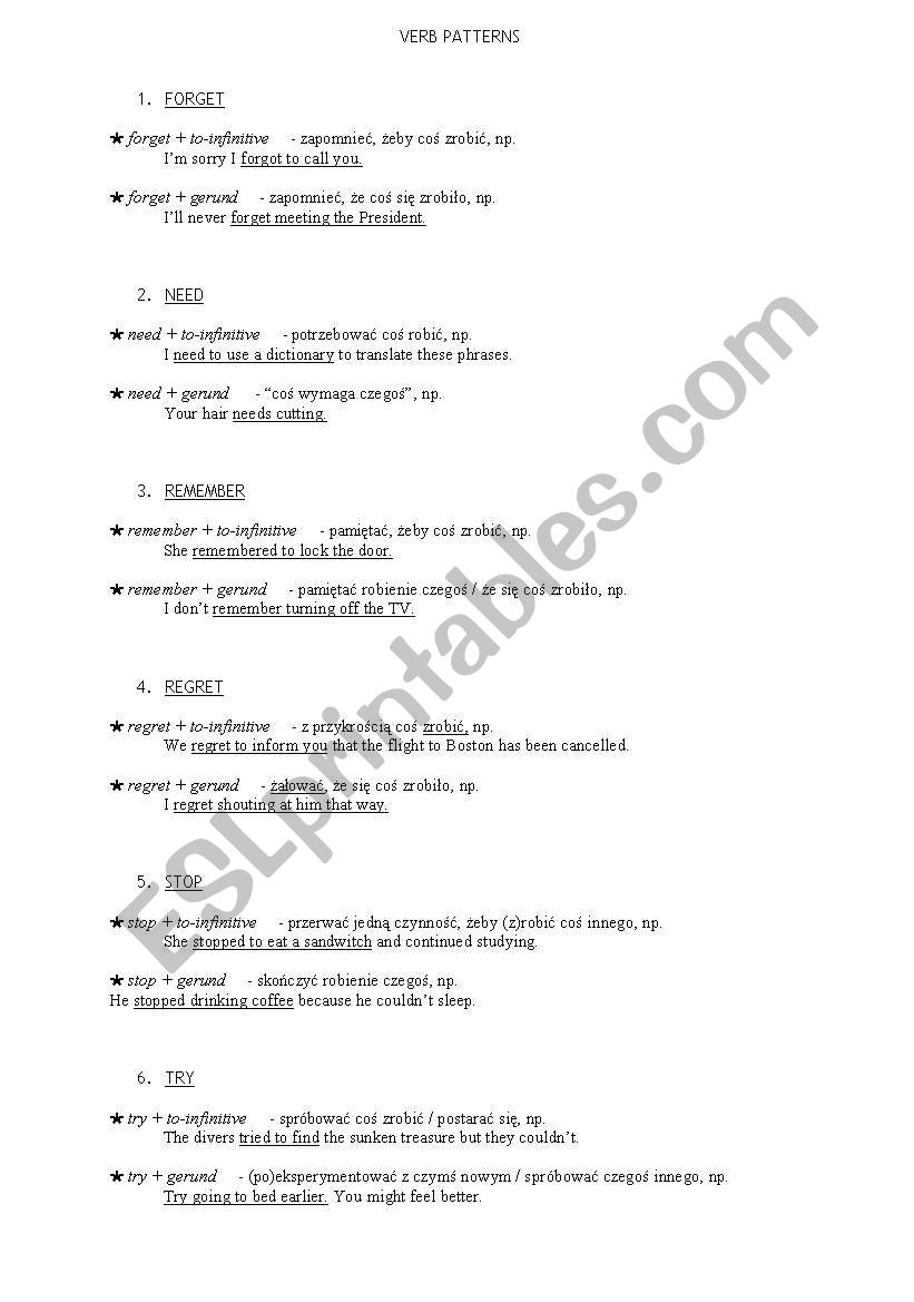 Verbs patterns worksheet