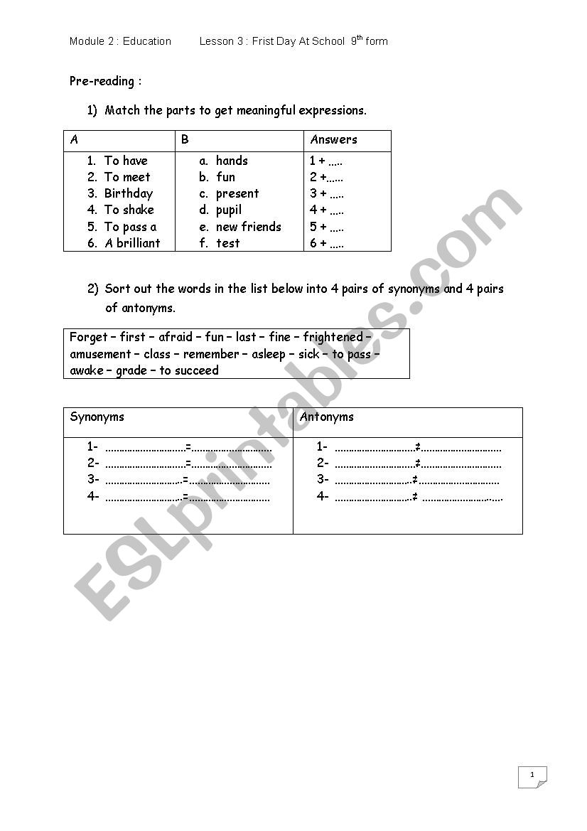 First Day At school.9th form worksheet