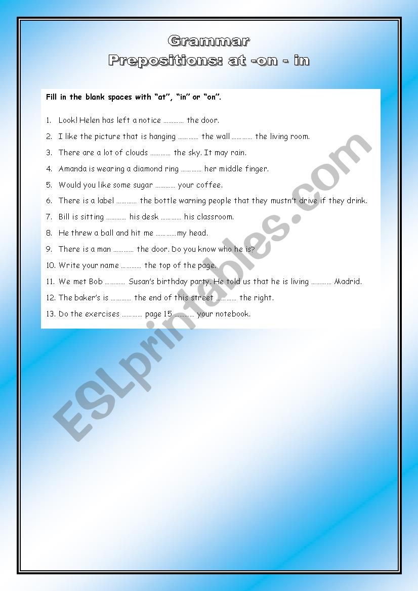 Prepositions at on in worksheet