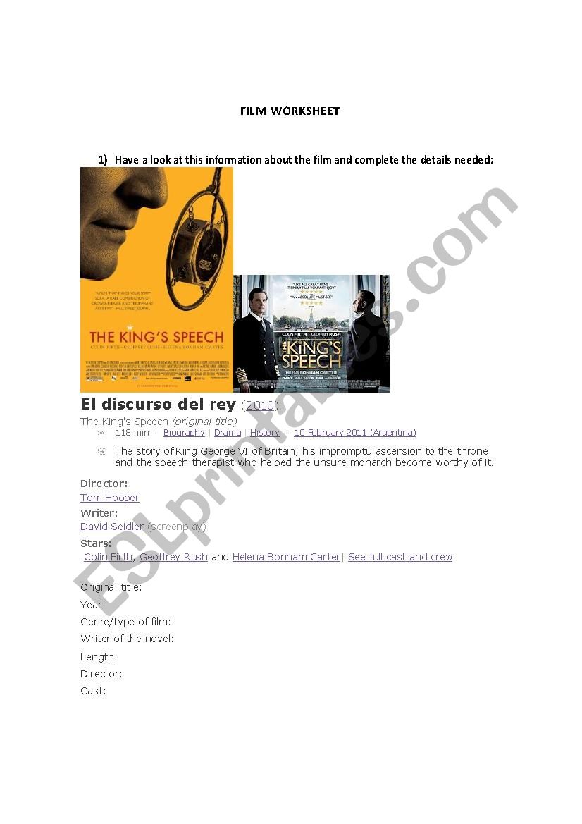 THE KINGÂ´S SPEECH worksheet