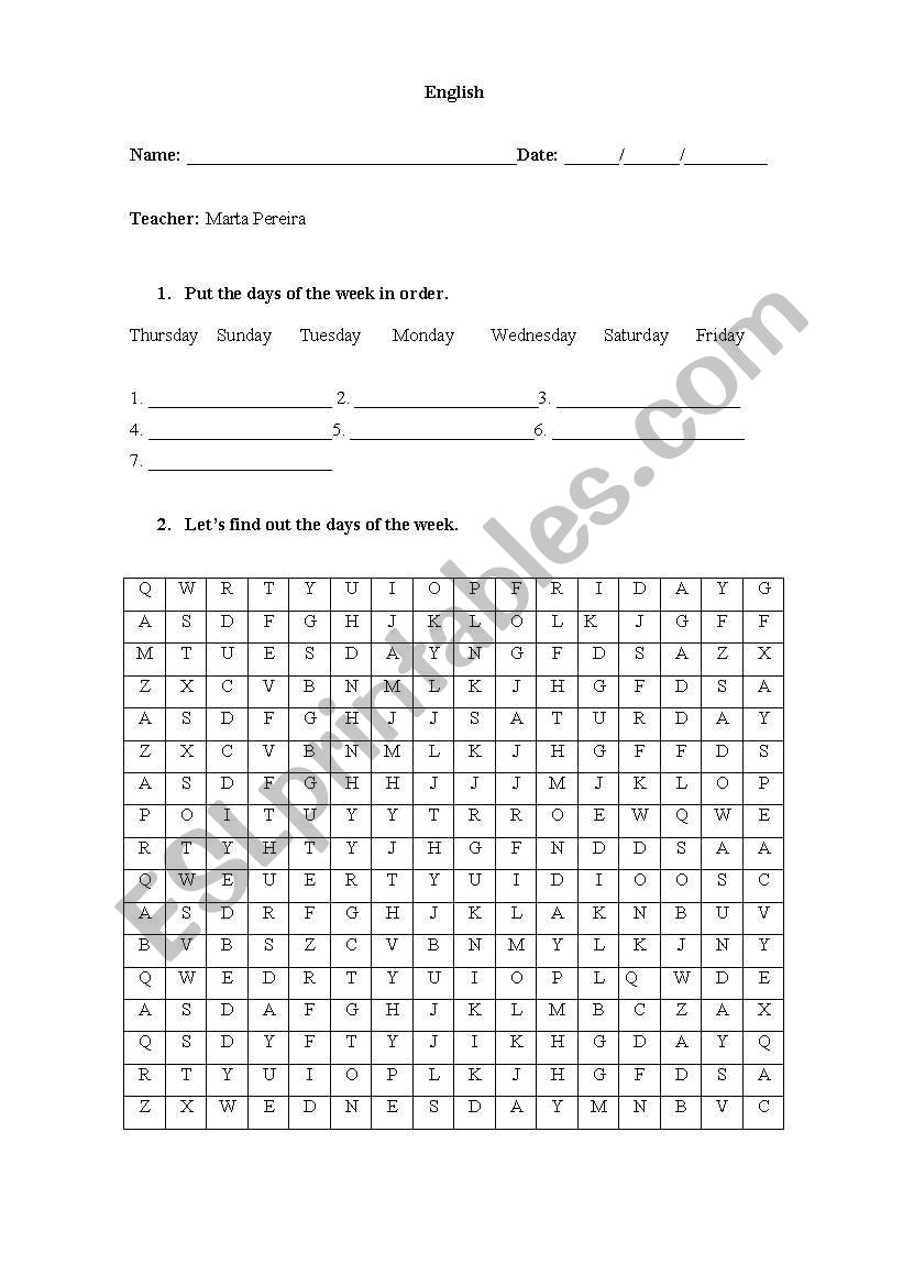 days of the week worksheet