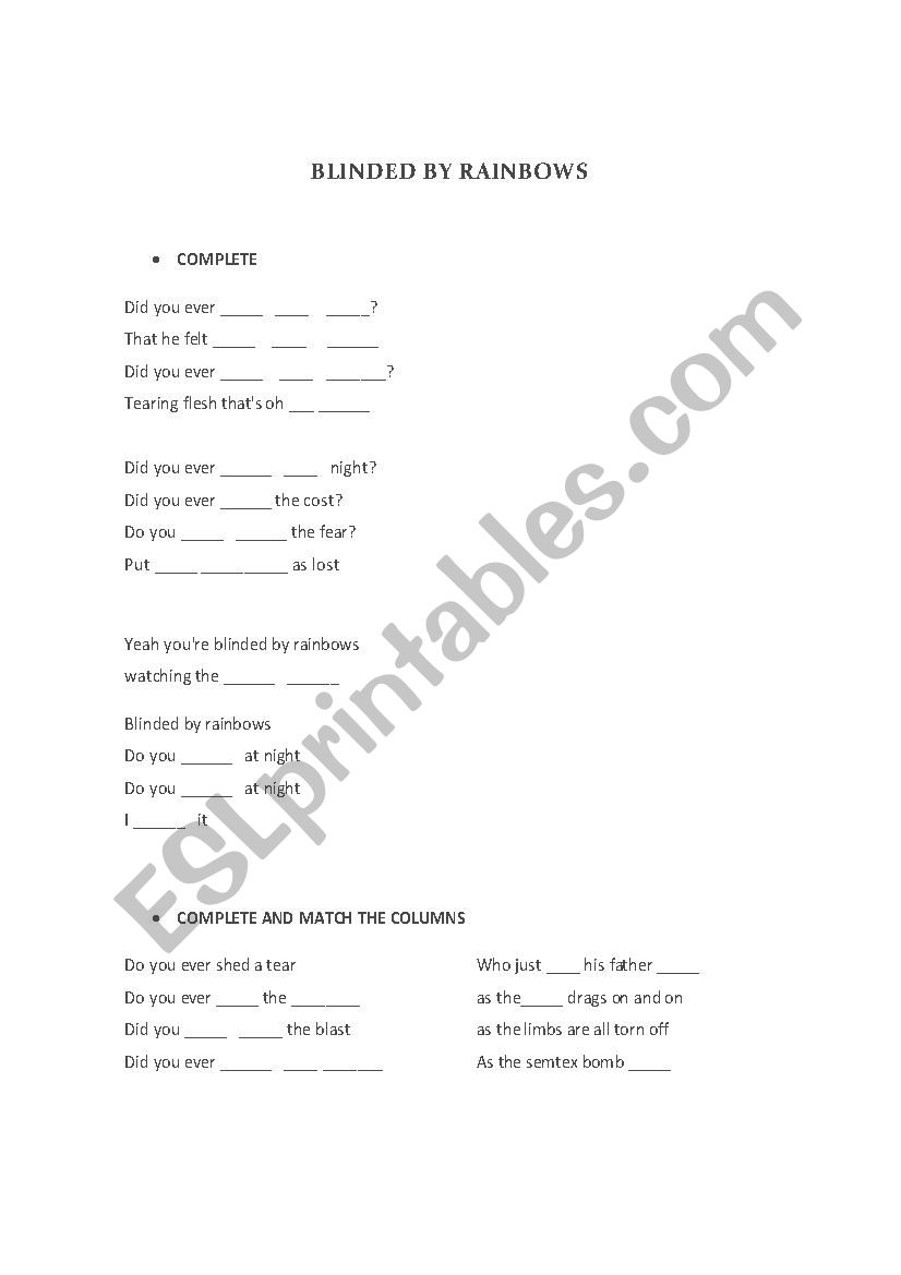 Blinded by rainbows listening worksheet