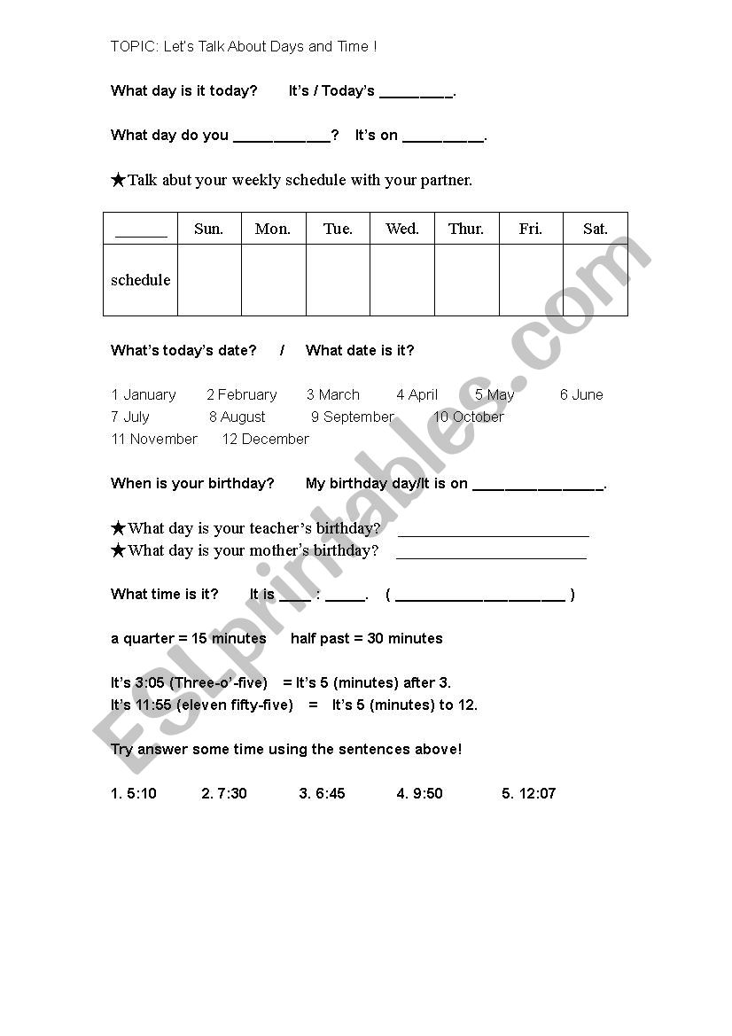 Days and Time (conversation practice with partners)