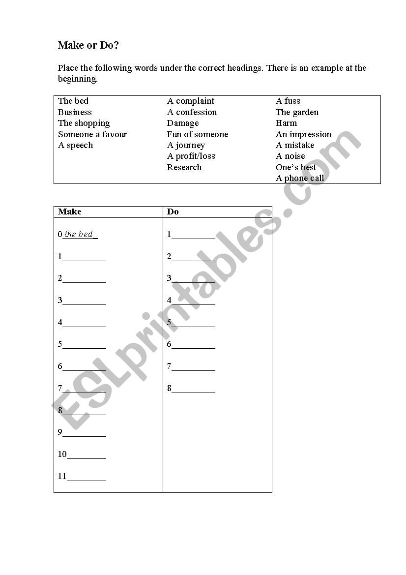 Make or Do exercise worksheet