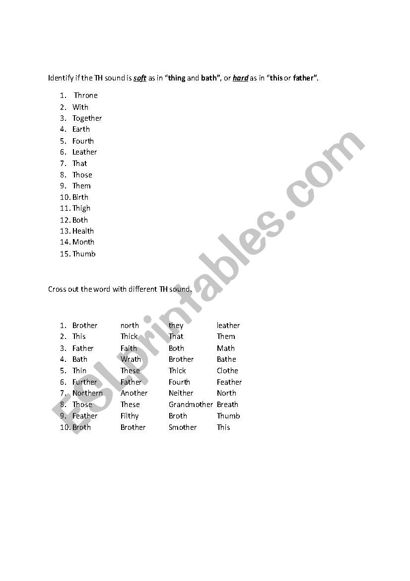hard and soft th sounds esl worksheet by graciola73