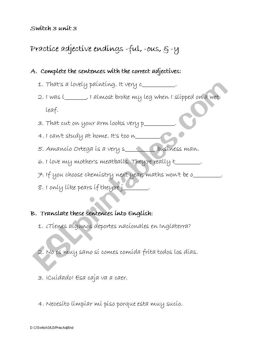 Practice Adjective Endings worksheet