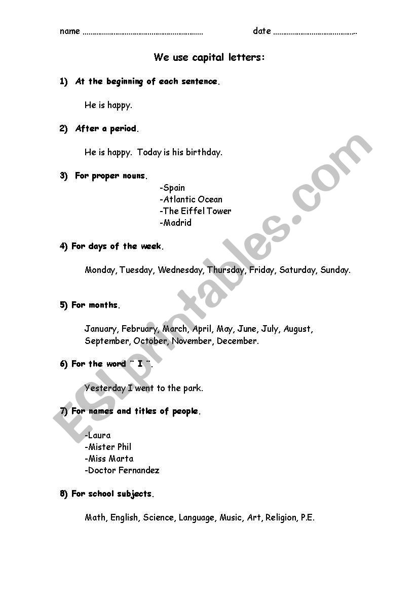 Capital Letter Rules worksheet