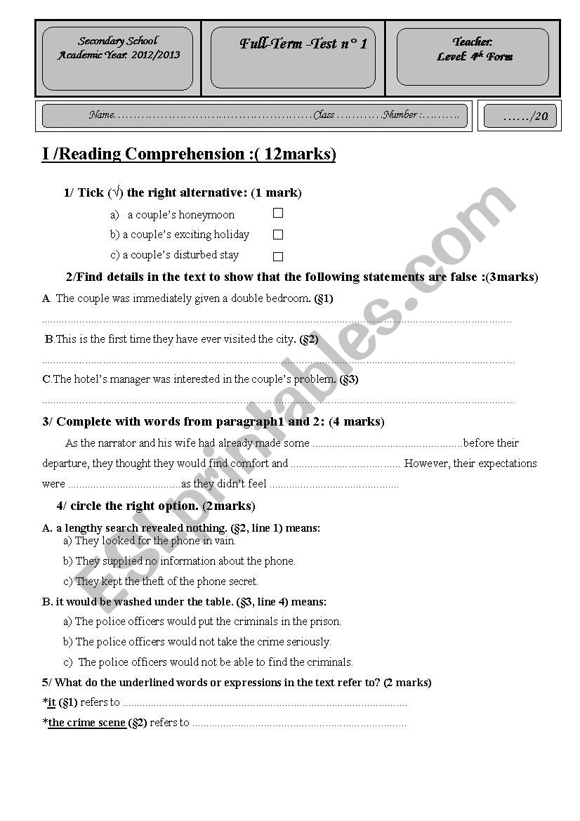 Full Term Test 1 Bac  worksheet