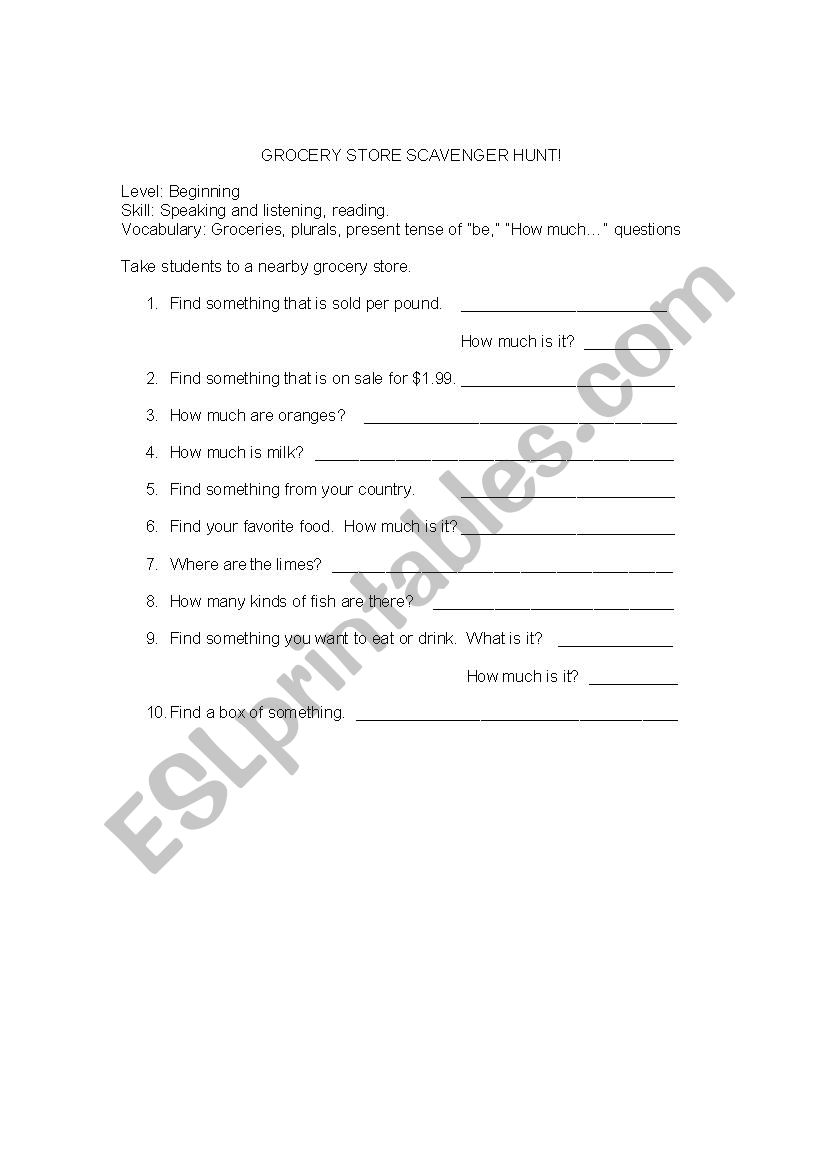 Grocery Store Scavenger Hunt worksheet