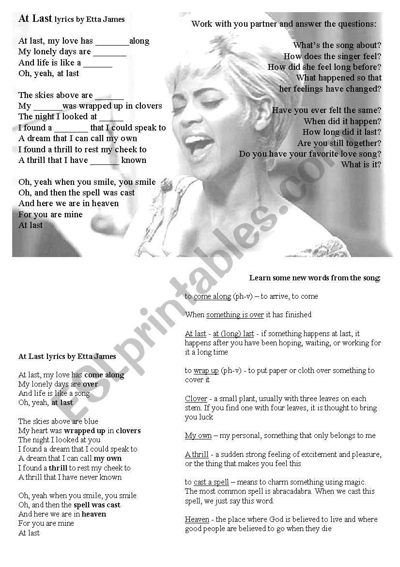 At Last lyrics by Etta James worksheet