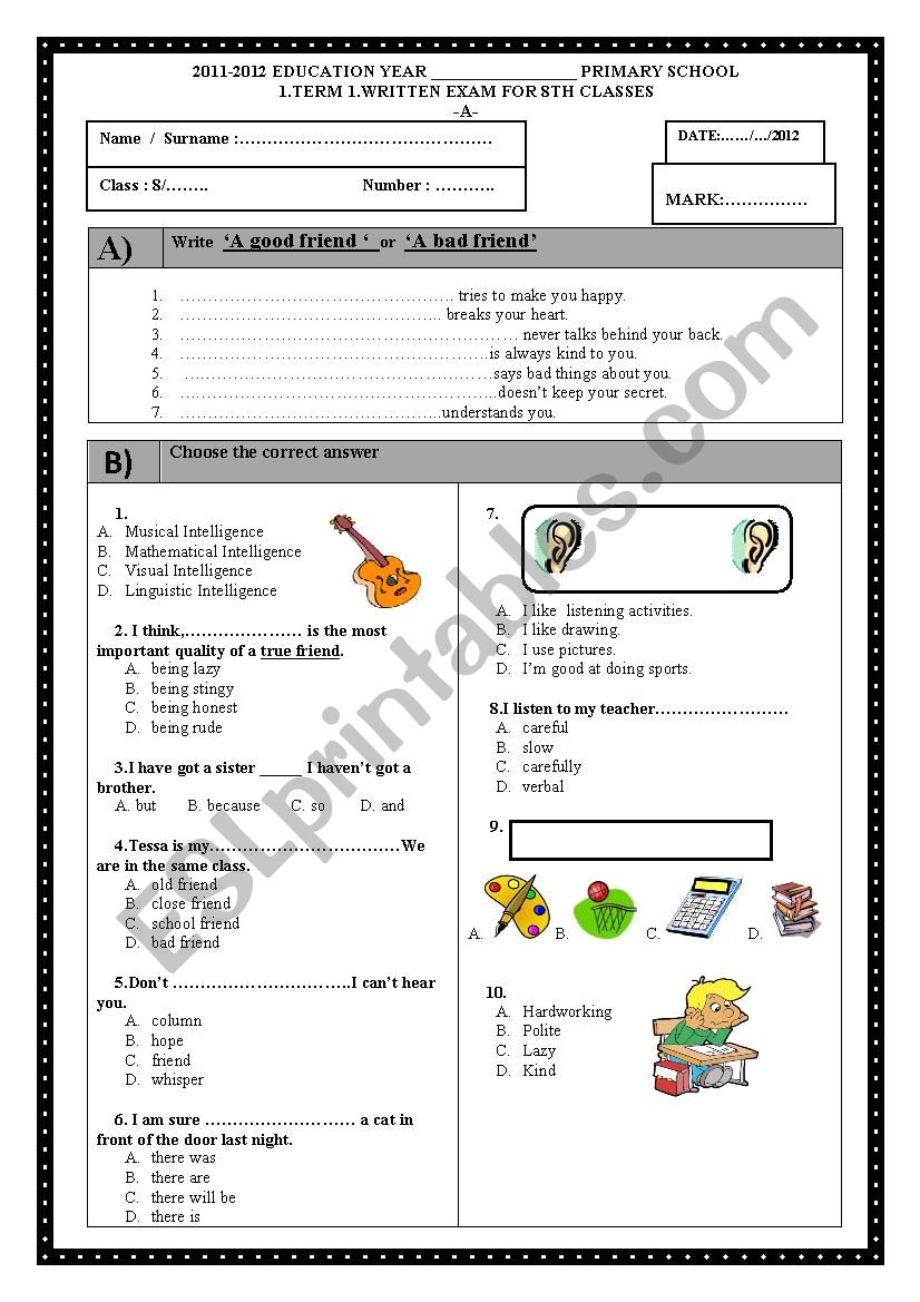 8th grade 1st term 1st exam worksheet