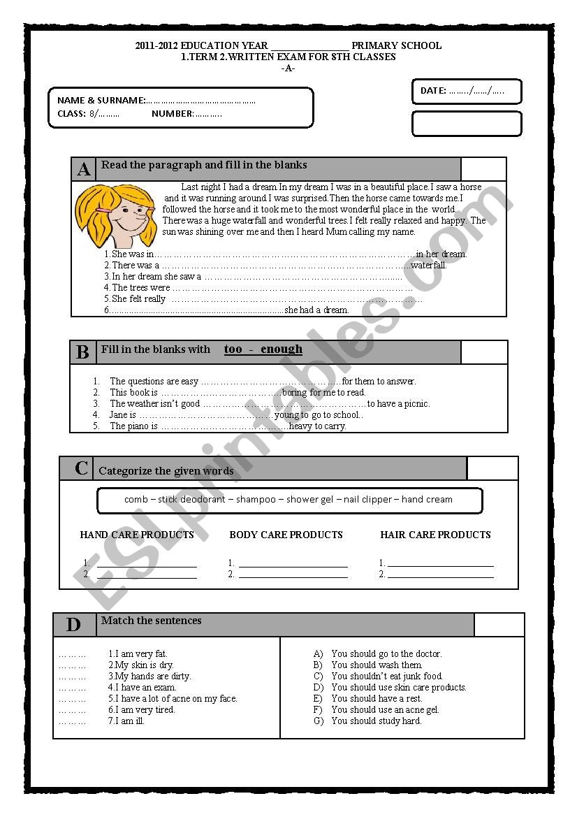 8th grade 1st term 2nd exam worksheet