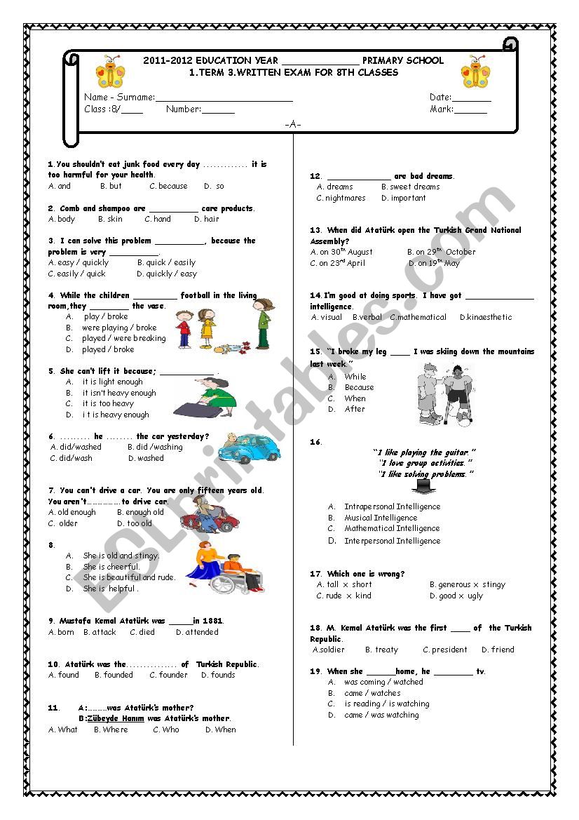 8th grade 1st term 3rd exam worksheet