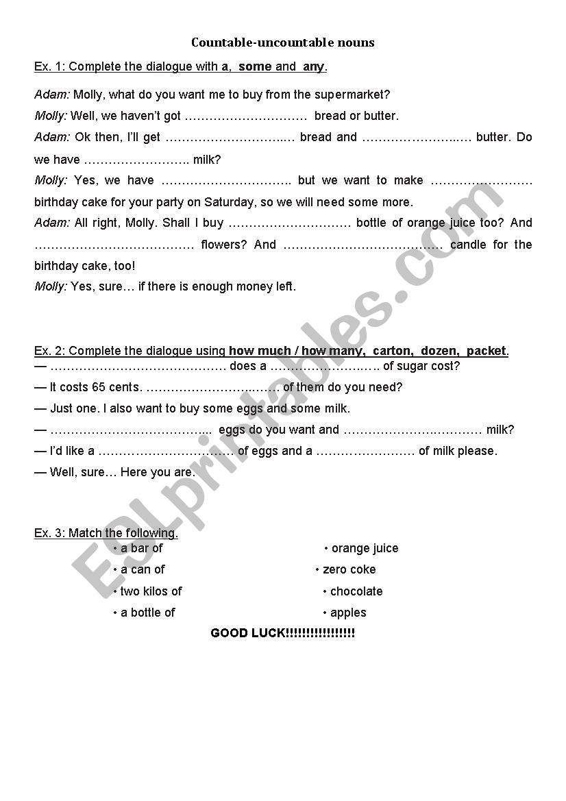 COUNTABLE-UNCOUNTABLE NOUNS worksheet