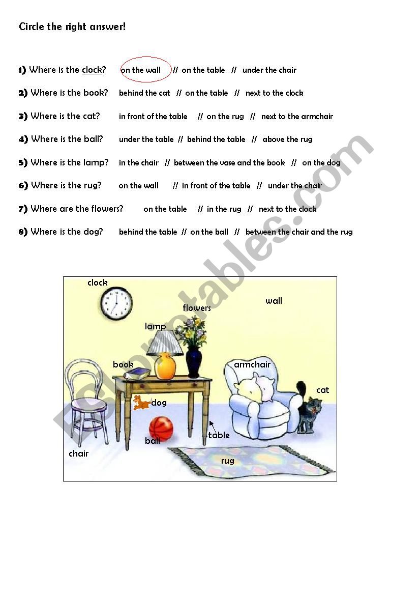 Prepositions Where is? (in a living room) multiple choice, beginners´ ESL worksheet by kikiva