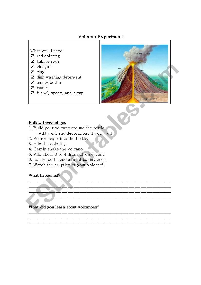 Volcano Experiment worksheet