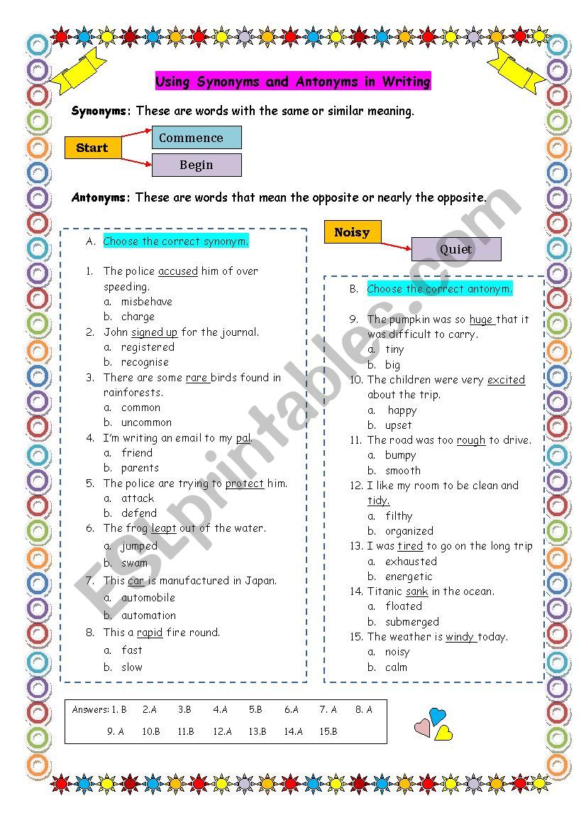 synonyms and antonyms worksheet