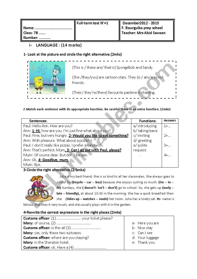 FULL TERM TEST 7TH FORM worksheet