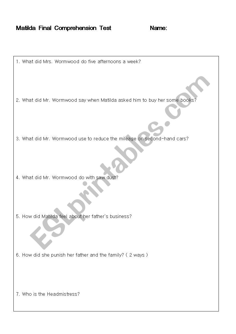 Matilda ( Final Comprehension Questions )