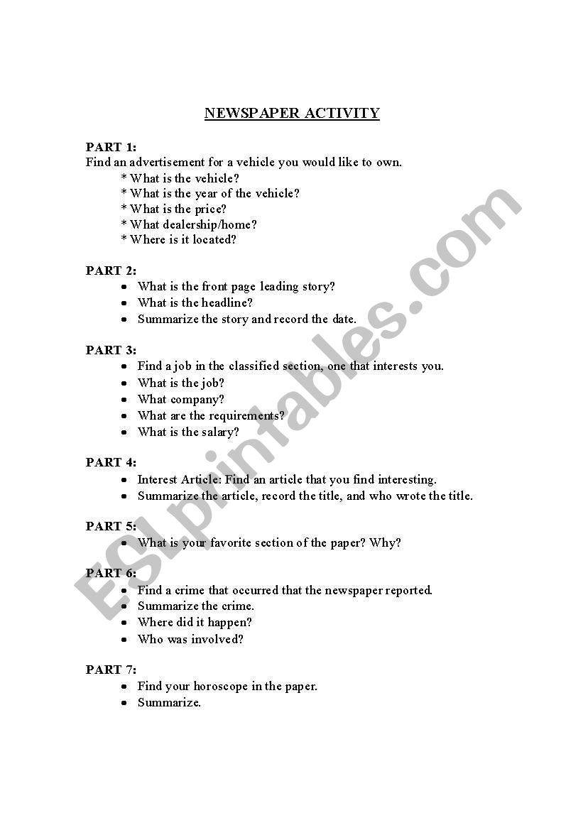 Newspaper Chase Activity worksheet