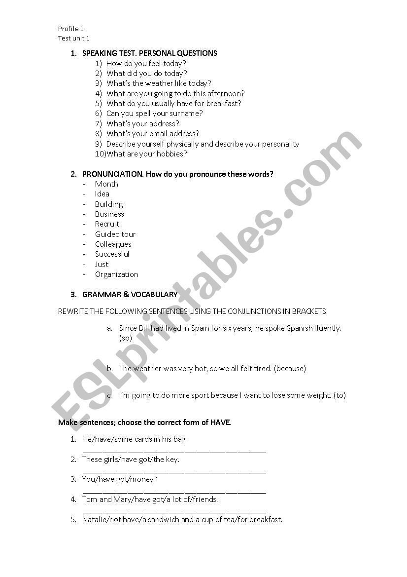 Profile 1, TEST Unit 1 worksheet