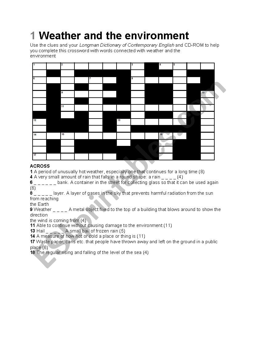 a crossword about environment worksheet