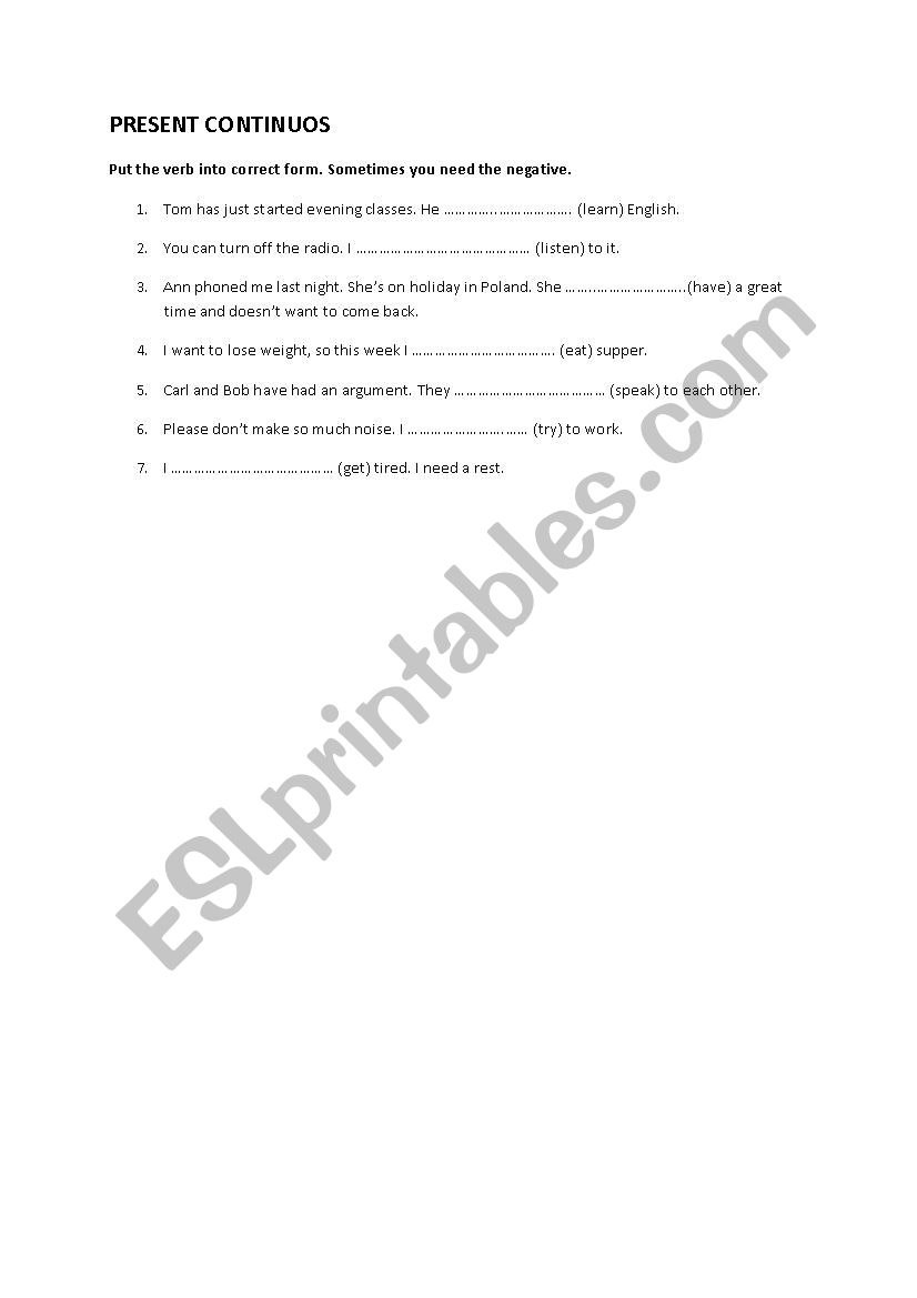Present Continuos exercisse worksheet