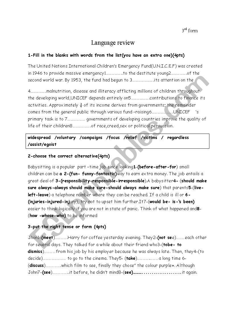 language review for 3rd level worksheet
