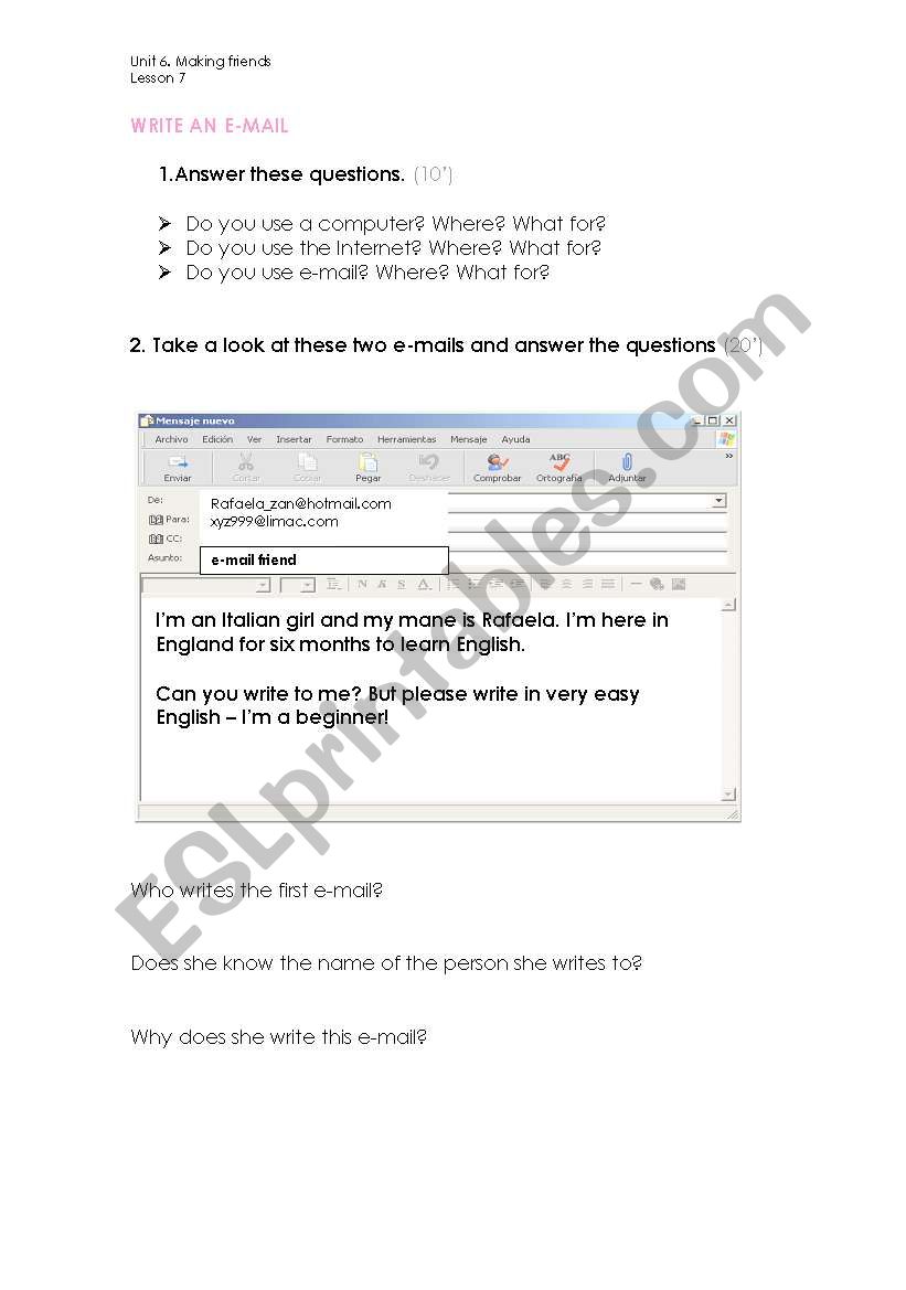 write an email worksheet